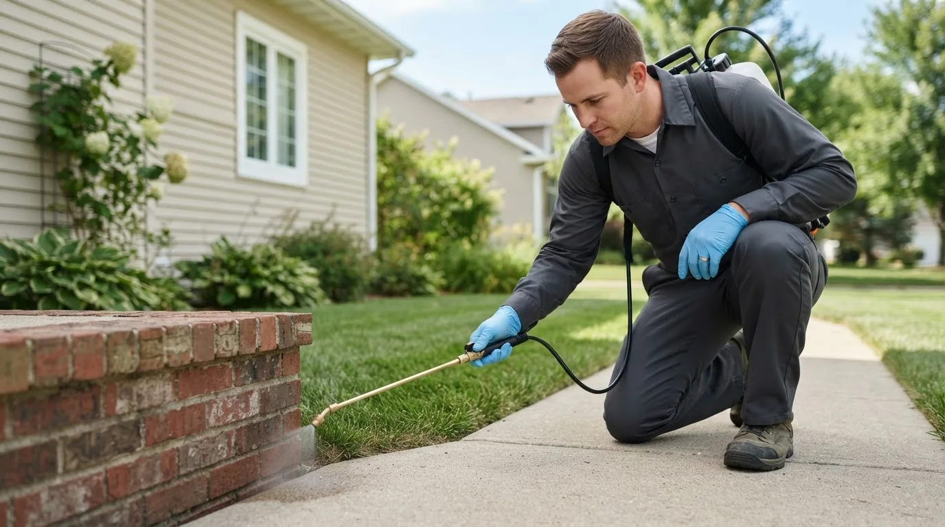 Pest control technician treating a home near Middle Island, NY