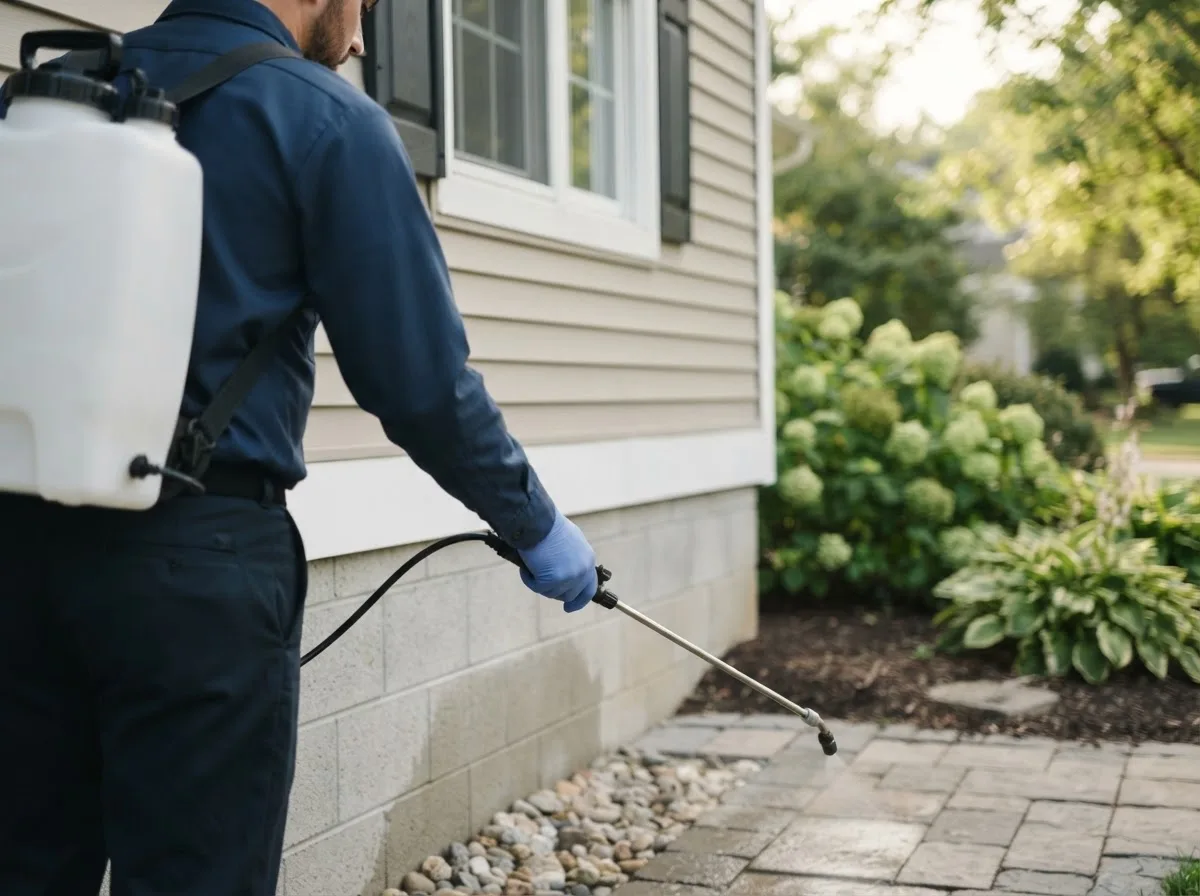 Pest control technician inspecting a home in Middle Island, NY